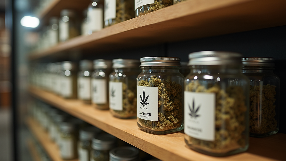 Eye-level view of cannabis concentrate jars on a display shelf
