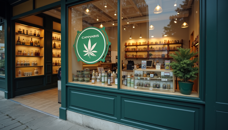 Eye-level view of a cannabis dispensary storefront with signage and products visible through the window