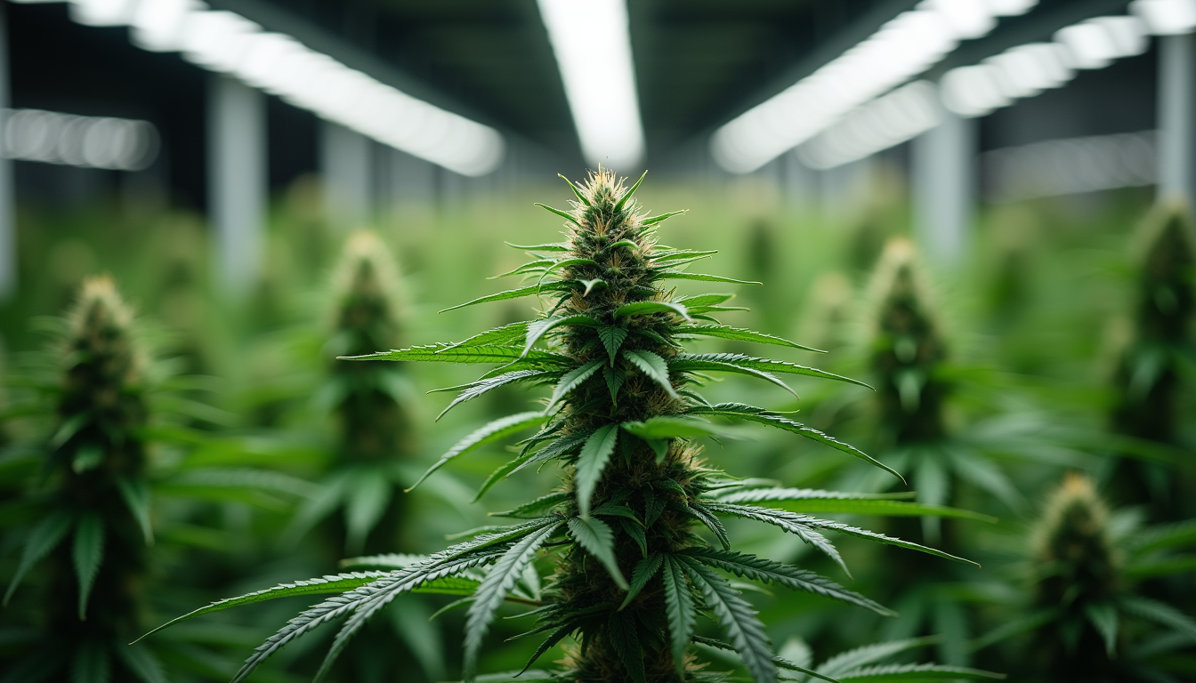 Close-up view of a cannabis plant growing indoors under LED lights