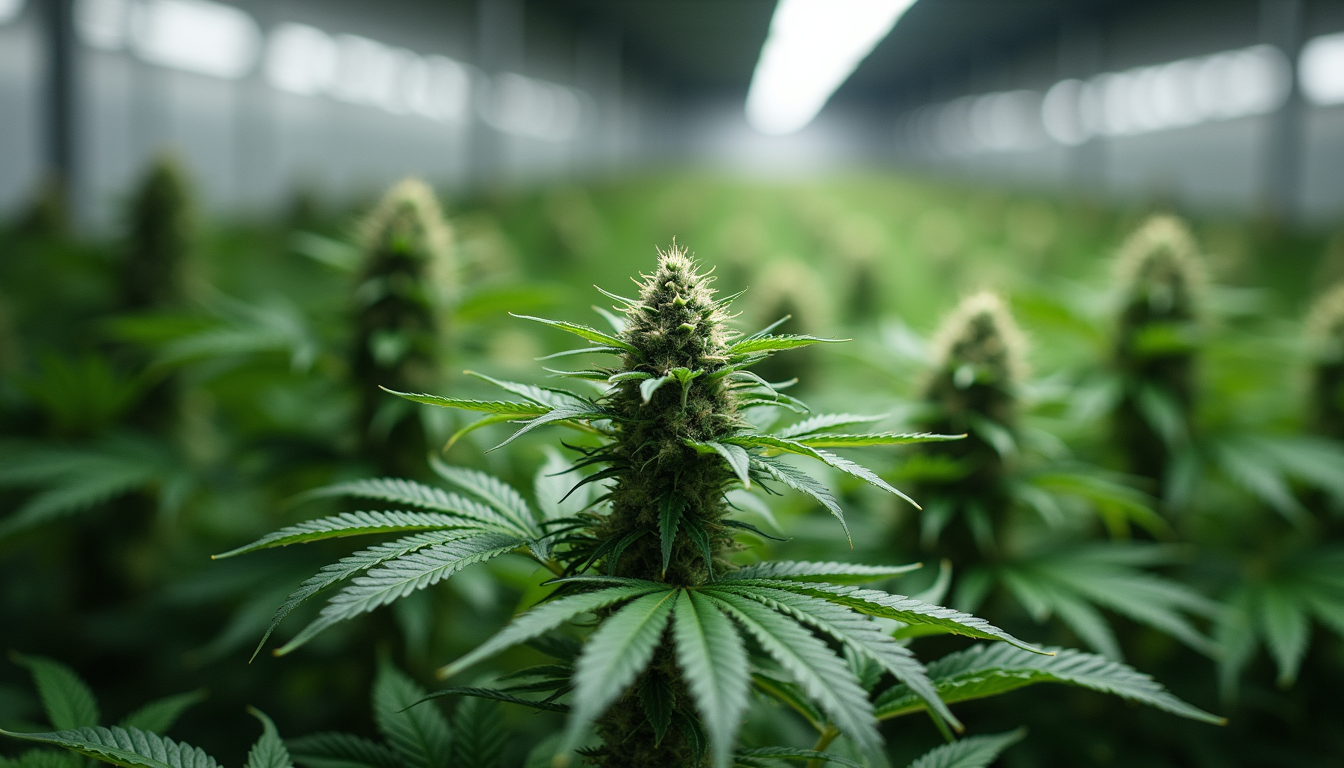 Close-up view of cannabis plants growing in an indoor cultivation facility