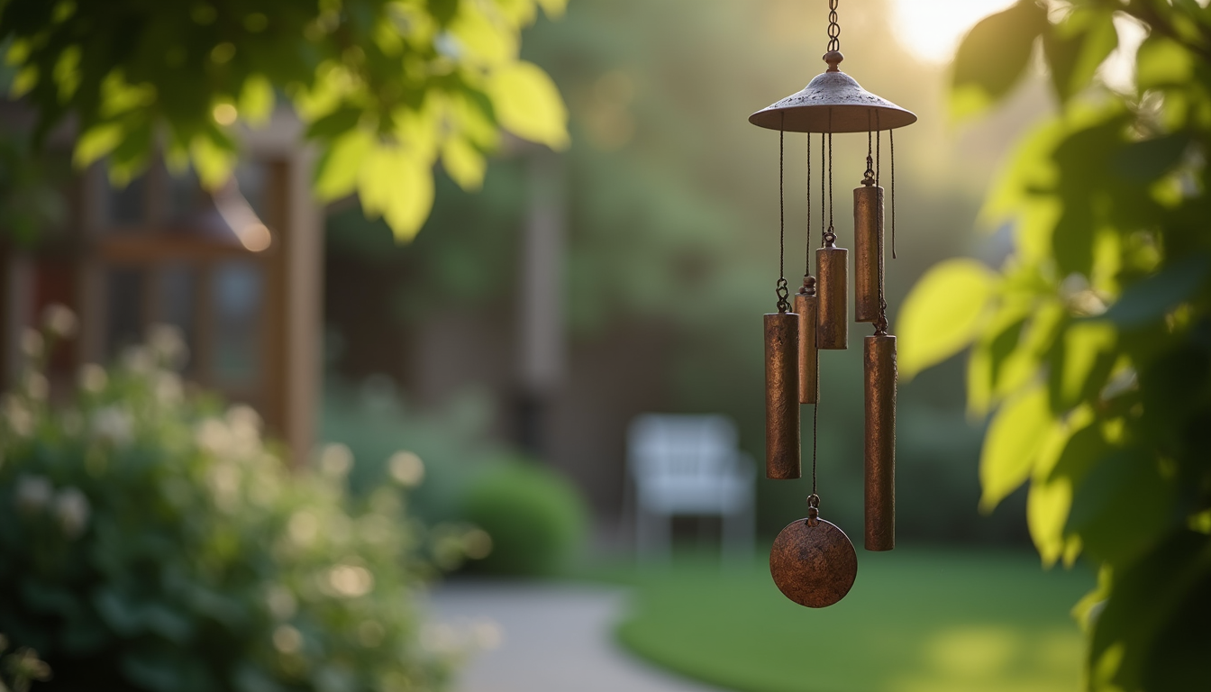 High angle view of metal ornaments hanging as wind chimes in a garden