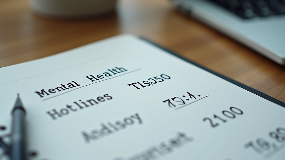 Close-up view of a notebook with a list of mental health hotline numbers