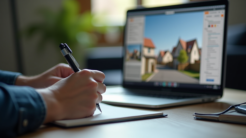 Close-up view of a person taking notes while watching an online property development course