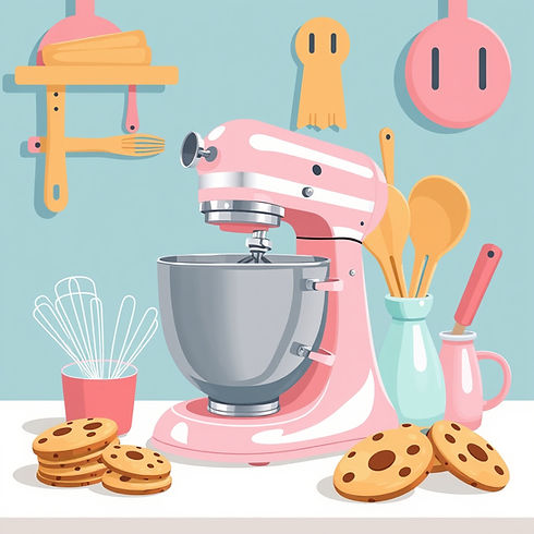 A graphic mixer in pink with baking utensils and cookies.jpg