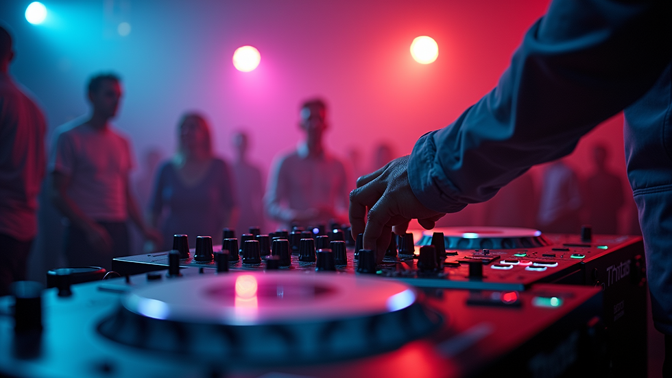 Close-up view of a DJ mixing music at a corporate party