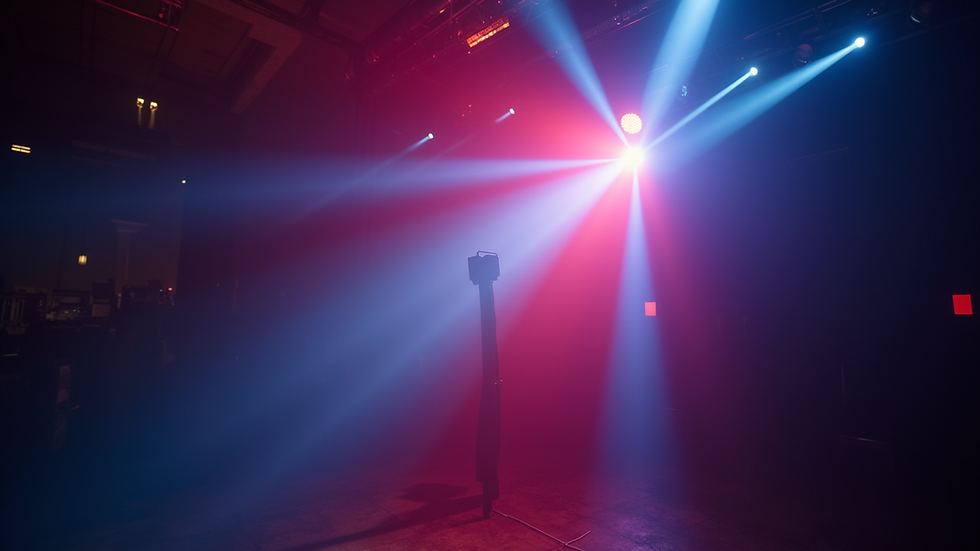 Close-up view of moving head light casting colorful beams in event space