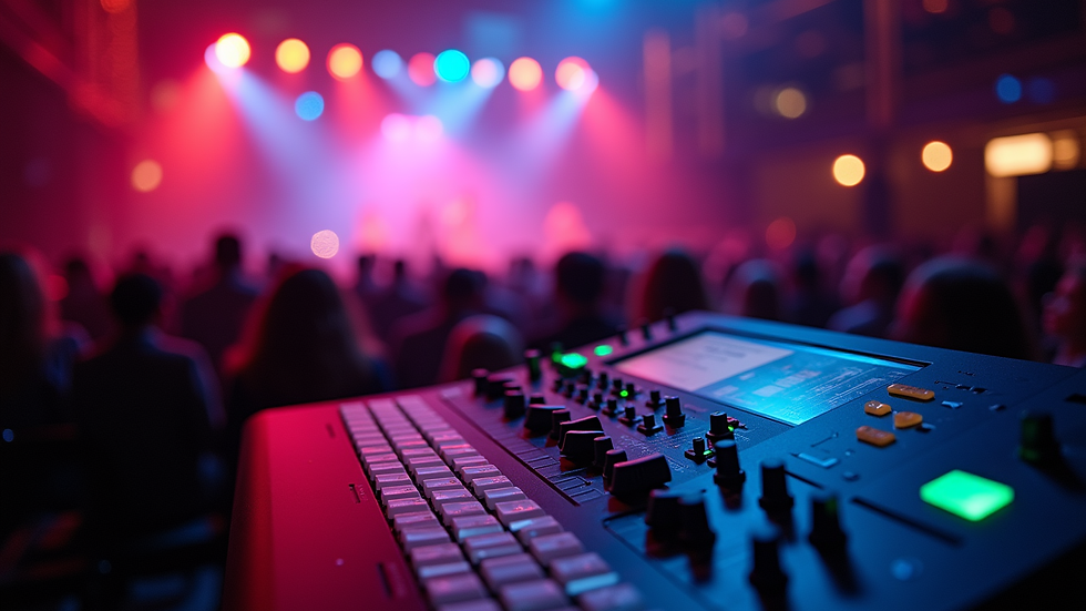 Close-up view of professional audio and lighting equipment setup in an event space