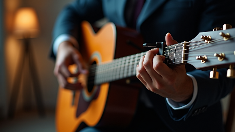 Close-up view of a musician tuning a guitar before a business event