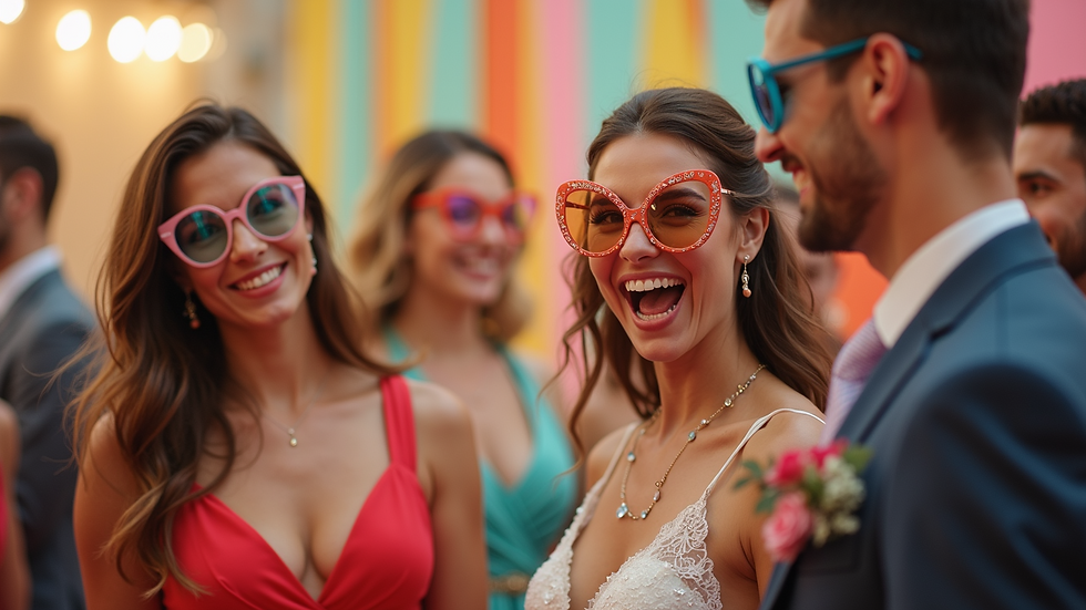 Close-up view of a photo booth with colorful props at a wedding