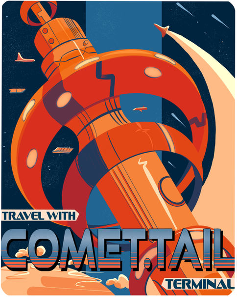 Circular orange space station with text reading "TRAVEL WITH COMET.TAIL TERMINAL".
