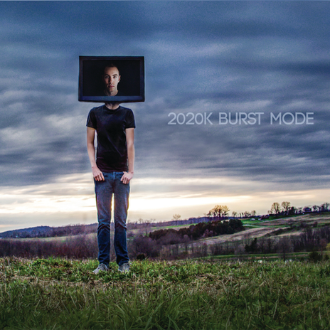 Burst Mode album cover by 2020k. RJ Kozain is dressed in jeans and a black t-shirt while they experiment and comment on technology with their head in a flatscreen TV. An outdoor Pennsylvania landscape frames the top PGH Electronic Musician.