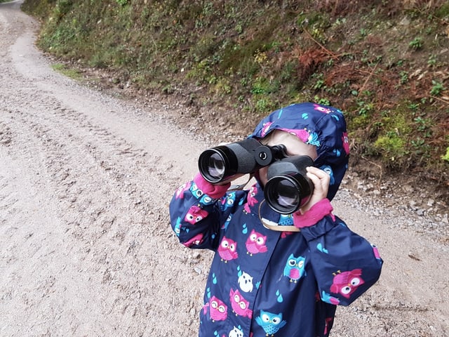 Kind mit Fernglas auf einem Waldweg.