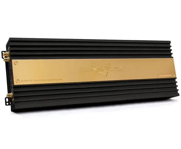 Black car amplifier with gold accents