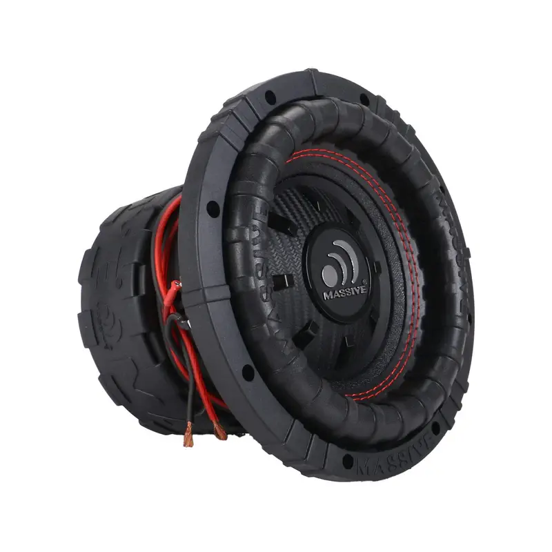 Black subwoofer with red accents