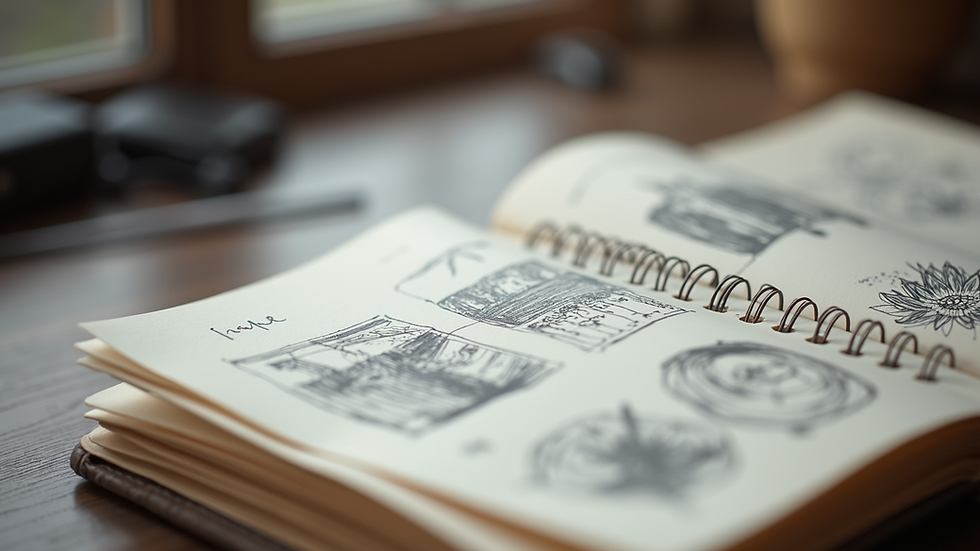 Close-up view of a journal with handwritten notes and sketches