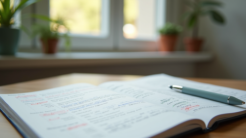 Vue rapprochée d'un cahier d'exercices avec des annotations colorées