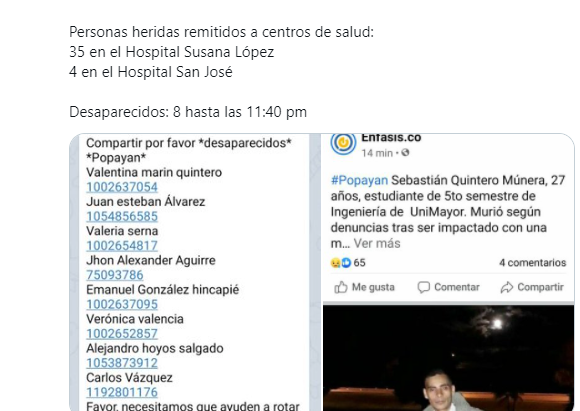 Al menos un muerto y 40 heridos por disturbios en Popayan