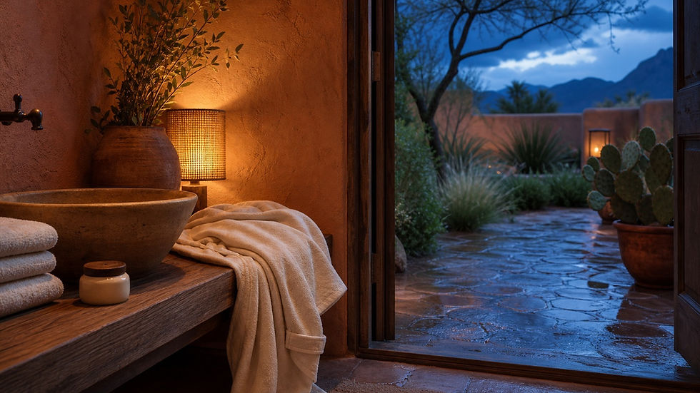 Warm spa bathroom with towels, bowl, lamp, and vase opens to a rainy courtyard with cacti and mountains at dusk.
