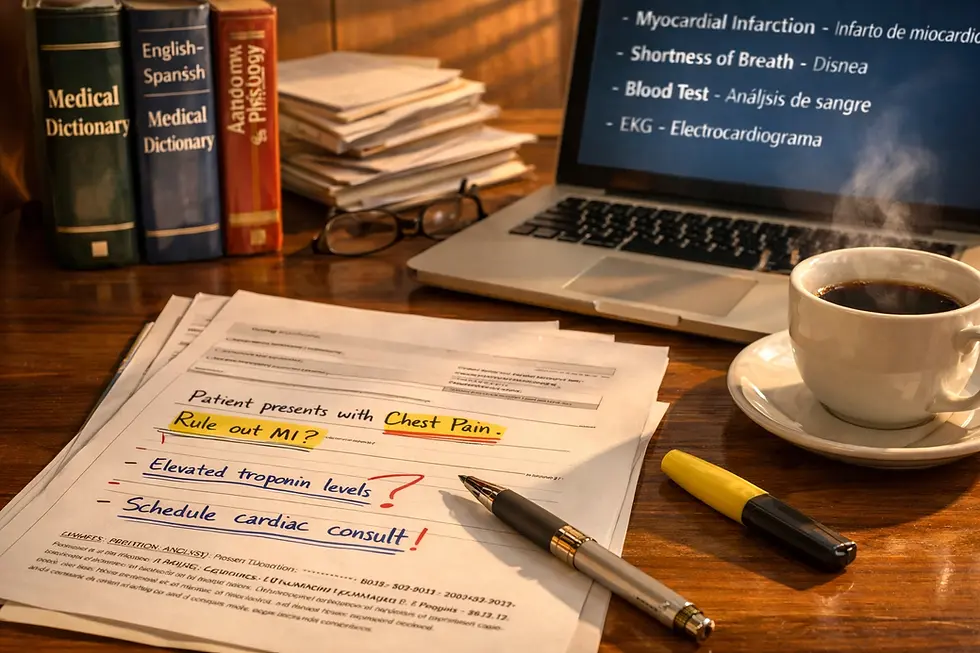 Medical documents highlight chest pain assessment on a desk with books, a laptop, and a steaming coffee cup. Mood is focused and studious.