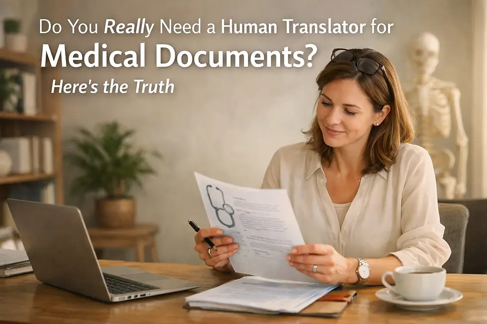 A professional medical translator reviewing complex healthcare documents at a desk, illustrating the necessity of human expertise in medical document translation.
