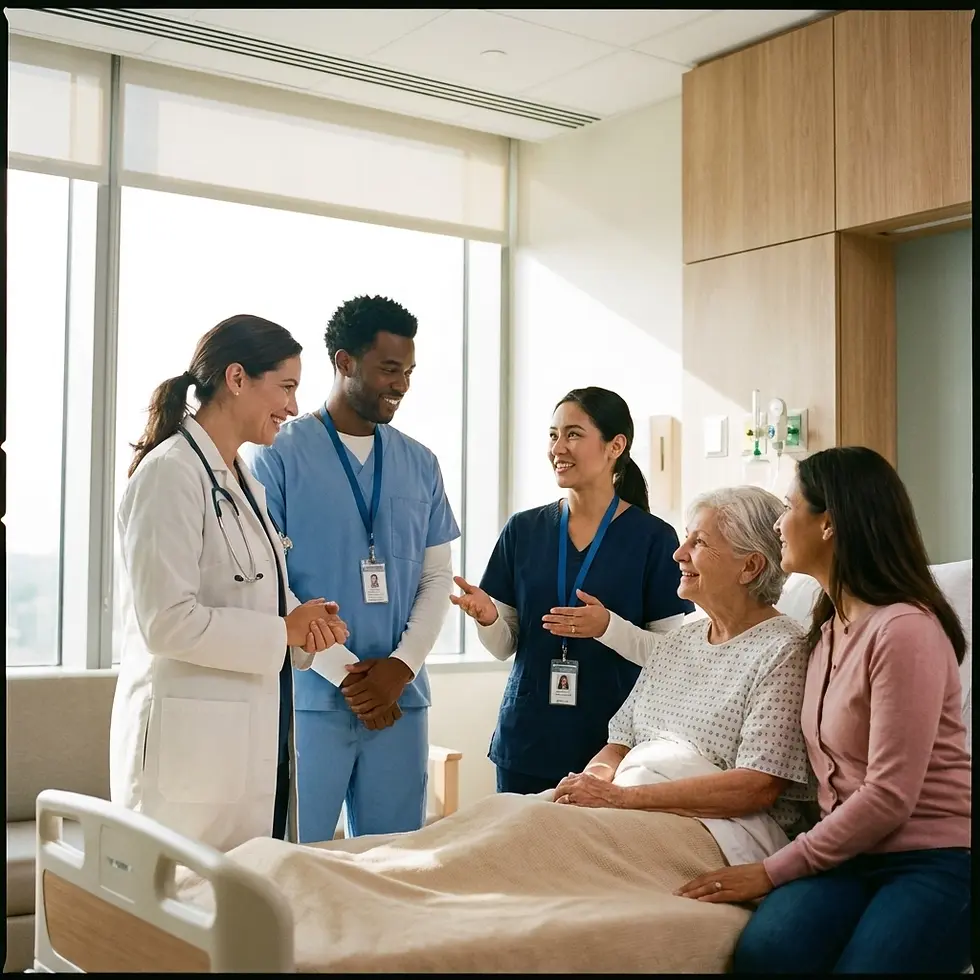 Healthcare team communicating with an elderly patient and family in a hospital room using medical interpretation support