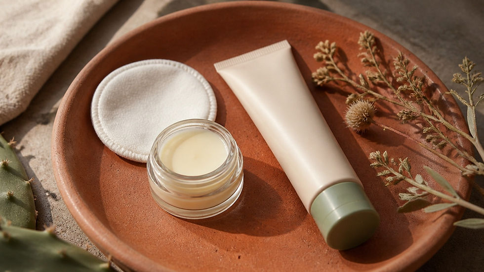 Gentle lip aftercare essentials including balm and mineral sunscreen styled on a terracotta tray