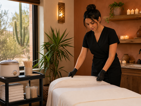 Professional waxing station setup — clean, organized, and inspection-ready in a Tucson spa setting