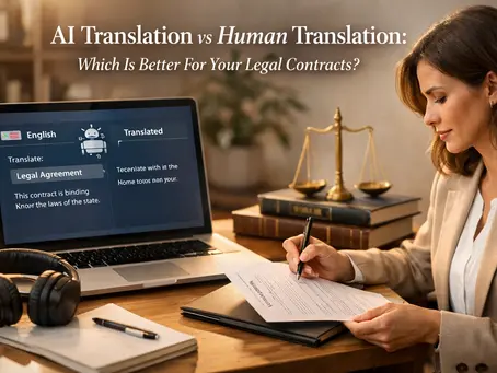 A professional woman reviewing a legal contract translation on paper while a laptop displays AI translation software next to a set of legal scales.