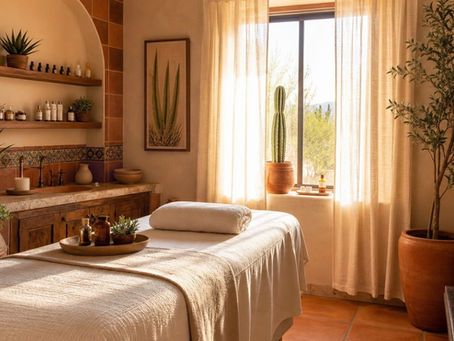 Warm, terracotta-toned treatment room at Siren Skin Care prepared for a plasma lift appointment.