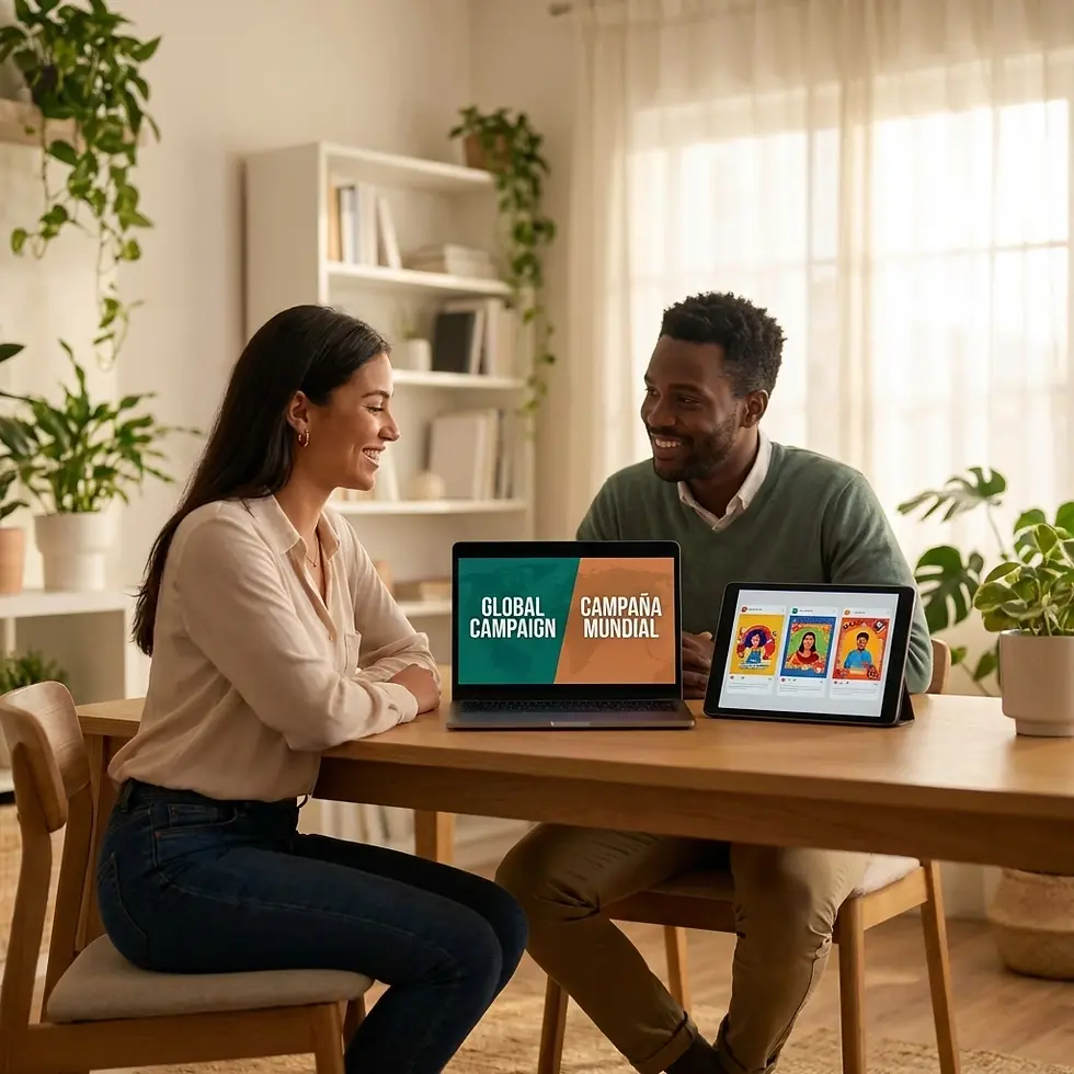 Two people smiling, sitting at a table with laptops displaying "Global Campaign" and colorful graphics. Cozy room with plants and bookshelves.