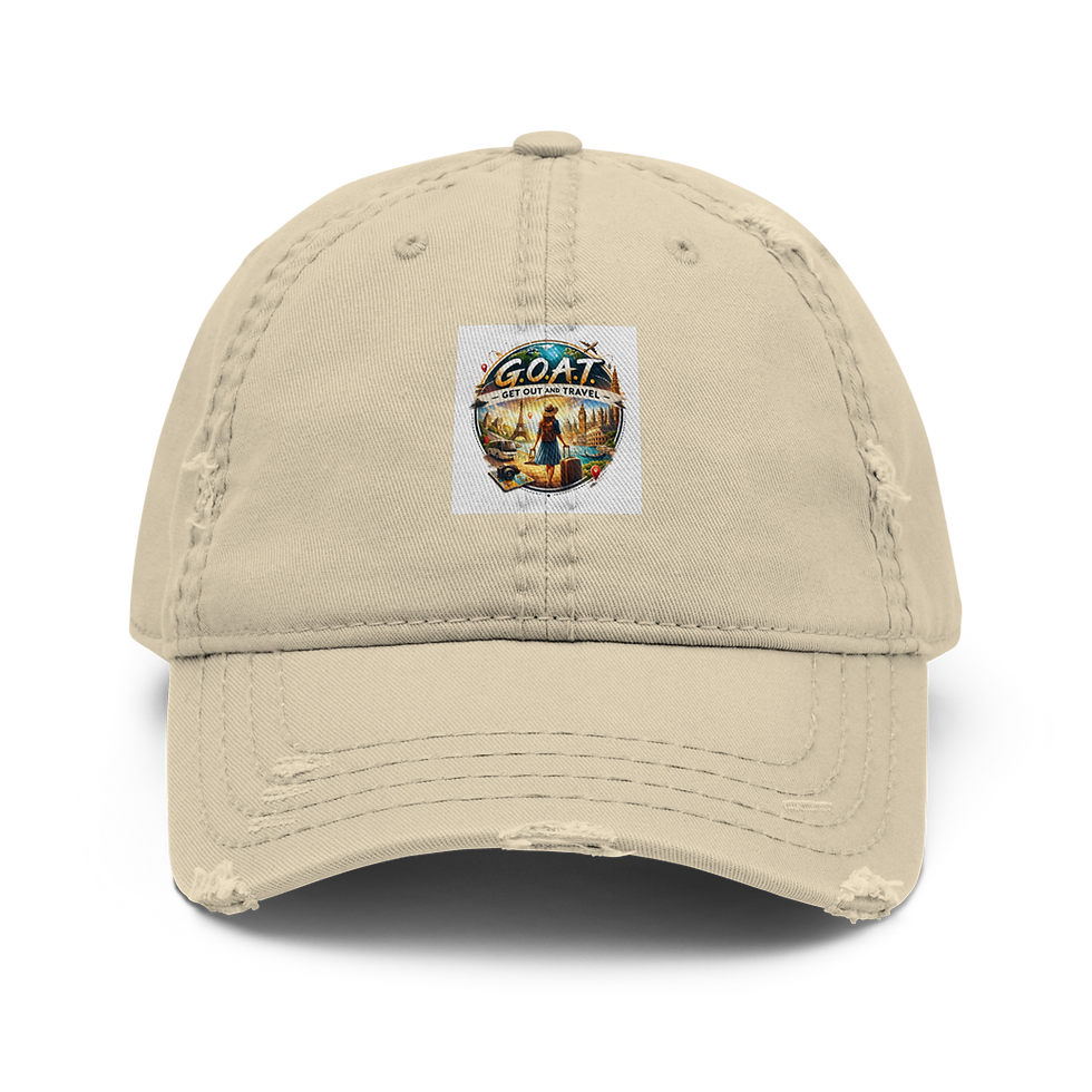 Distressed beige cap with travel-themed logo