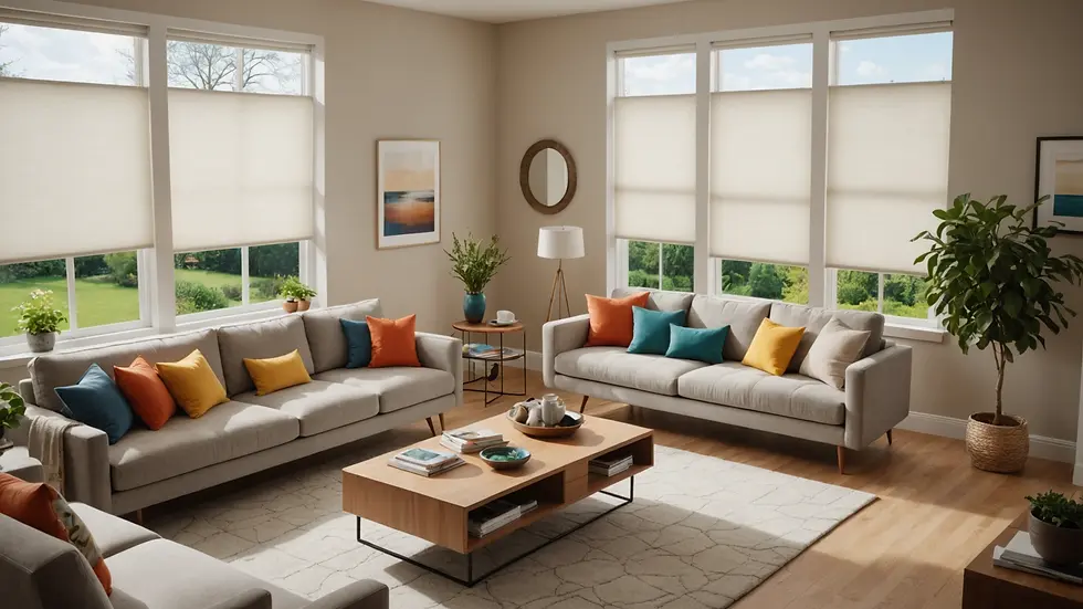 High angle view of light-filtering shades in a vibrant living space