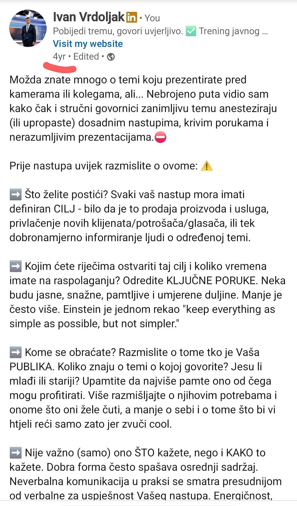 LinkedIn post Ivana Vrdoljaka na temu javnog nastupa