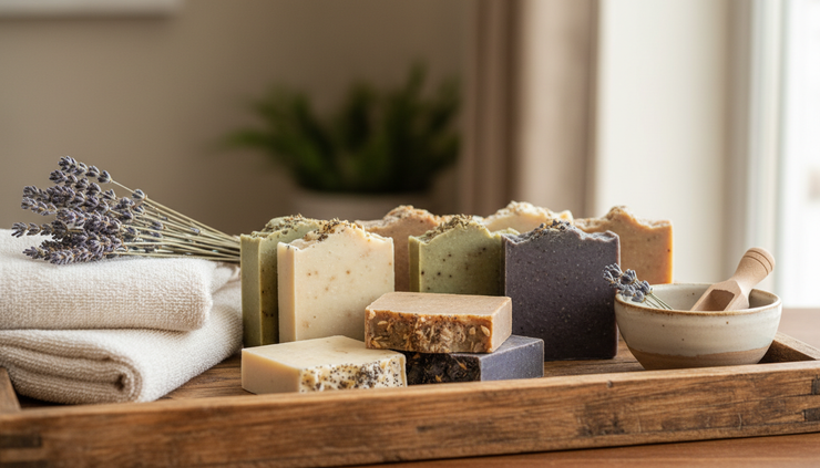 Close-up of natural soap bars arranged on a wooden tray with dried flowers and soft towels.