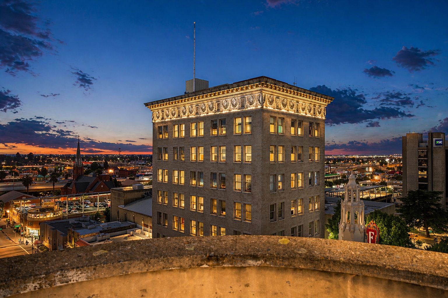 The Bank of Stockton at dusk