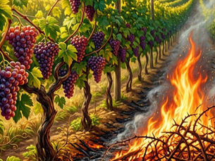 Ein sonnendurchfluteter, fruchtbarer Weinberg mit reifen Weintrauben auf der linken Seite. Ein helles, loderndes Feuer verbrennt ein dichtes Gestrüpp aus Dornen und Disteln auf der rechten Seite. Im Hintergrund erstreckt sich eine Hügellandschaft mit einer alten Festung unter einem dramatischen Abendhimmel.