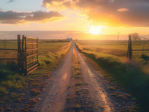 Ein ländlicher Weg führt durch offene Felder zu einem leuchtenden Sonnenuntergang am Horizont. Links und rechts öffnen sich Metalltore in eine weite Landschaft. Der Weg wirkt wie ein symbolischer Pfad in Richtung Licht und Hoffnung, das Ende einer Reise oder den Beginn eines neuen Abschnitts darstellend.