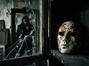 Eine kunstvoll mit Gold verziere, weiße venezianische Maske mit feinen Rissen steht auf einem staubigen, dunklen Holzregal. Im unscharfen Hintergrund spiegelt sich eine dunkel gekleidete Person mit Kapuze in einem stark zersplitterten und gebrochenen Wandspiegel.