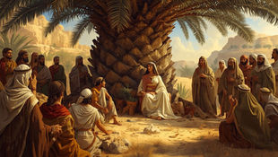 Debora, eine weise und starke Frau aus der Bibel, sitzt unter einer großen Palme in der Landschaft des antiken Israels. Menschen versammeln sich um sie, um ihren Rat zu suchen. Die Szene symbolisiert weibliche Leiterschaft, Weisheit und Gemeinschaft.