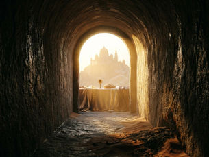 Blick aus einem dunklen Steintunnel mit Wüstensand am Boden hin zu einem hell erleuchteten Ausgang. Am Ausgang steht eine königlich gedeckte Tafel mit einem Kelch und Brot im goldenen Licht. Im Hintergrund ist die Silhouette eines prächtigen Tempels auf einem Berg im Dunst zu sehen.