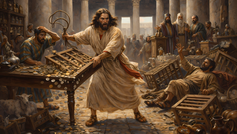 Jesus reinigt n Tempelvorhof und stößt die Tische der Geldwechsler um. (Bild: Pixabay (KI-generiert)