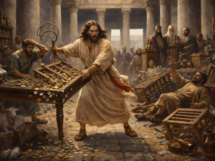 Jesus reinigt n Tempelvorhof und stößt die Tische der Geldwechsler um. (Bild: Pixabay (KI-generiert)