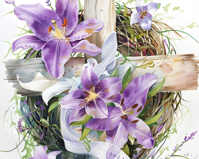 Kreuz mit violetten und rosa-weißen Lilien mit den Worten Vergebung ist möglich - Kehr um, tue Buße und halte Gottes Gebote!