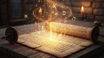 Eine geöffnete, antike Tora-Schriftrolle liegt auf einem rustikalen Holztisch in einem stimmungsvoll abgedunkelten Raum mit Steinhintergrund. Aus dem Herzen der Schriftrolle bricht ein intensiver, goldener Lichtstrom hervor, der sich wie eine leuchtende Energie-Welle nach oben windet. In diesem Lichtwirbel steigen zahlreiche hebräische Buchstaben (wie Aleph und Mem) und funkelnde Lichtpartikel empor, die die schöpferische Kraft und Frequenz des lebendigen Wortes Gottes visualisieren. Im weichen, unscharfen Hintergrund spenden brennende Kerzen ein warmes, andächtiges Licht, das die heilige und ehrfürchtige Atmosphäre des Augenblicks unterstreicht. (Ki-generiert)