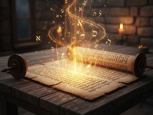 Eine geöffnete, antike Tora-Schriftrolle liegt auf einem rustikalen Holztisch in einem stimmungsvoll abgedunkelten Raum mit Steinhintergrund. Aus dem Herzen der Schriftrolle bricht ein intensiver, goldener Lichtstrom hervor, der sich wie eine leuchtende Energie-Welle nach oben windet. In diesem Lichtwirbel steigen zahlreiche hebräische Buchstaben (wie Aleph und Mem) und funkelnde Lichtpartikel empor, die die schöpferische Kraft und Frequenz des lebendigen Wortes Gottes visualisieren. Im weichen, unscharfen Hintergrund spenden brennende Kerzen ein warmes, andächtiges Licht, das die heilige und ehrfürchtige Atmosphäre des Augenblicks unterstreicht. (Ki-generiert)