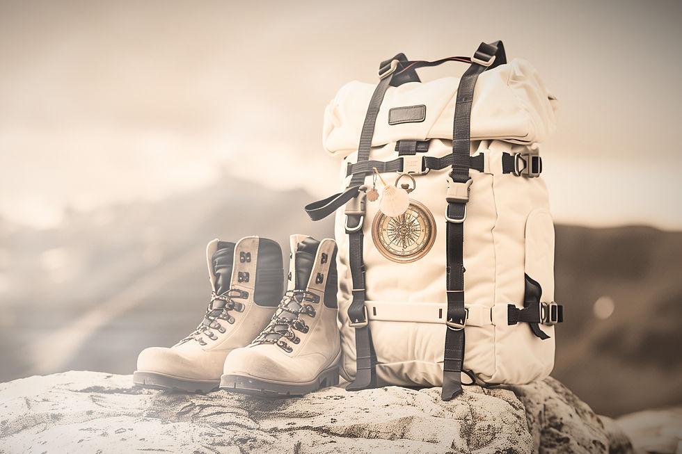 Ein paar Wanderstiefel stehen neben einem bepackten Pilgerrucksack