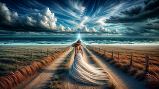 Bride runs along a desert track toward the sea. The path leads directly to heaven