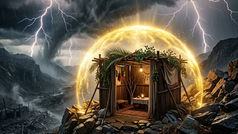 Traditionelle Laubhütte (Sukka) auf einem felsigen Berggipfel, geschützt durch eine leuchtende, goldene Lichtkuppel, während im Hintergrund ein heftiger Sturm mit Blitzen, ein Tornado und ein zerstörtes Tal in Schutt und Asche toben.