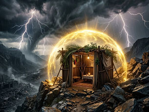 Traditionelle Laubhütte (Sukka) auf einem felsigen Berggipfel, geschützt durch eine leuchtende, goldene Lichtkuppel, während im Hintergrund ein heftiger Sturm mit Blitzen, ein Tornado und ein zerstörtes Tal in Schutt und Asche toben.