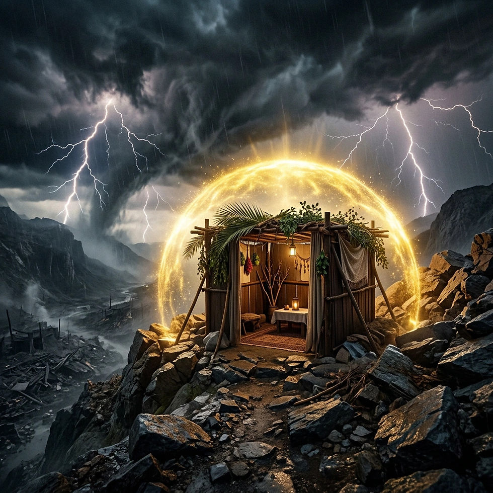 Traditionelle Laubhütte (Sukka) auf einem felsigen Berggipfel, geschützt durch eine leuchtende, goldene Lichtkuppel, während im Hintergrund ein heftiger Sturm mit Blitzen, ein Tornado und ein zerstörtes Tal in Schutt und Asche toben.